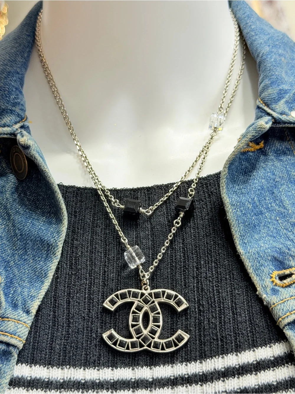 Chanel Layered Long Necklace in Silver-Tone Metal and Crystal Beads